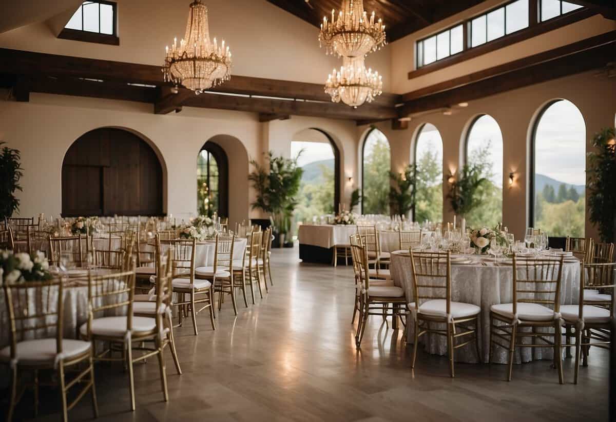 A wedding venue with elegant decor and a scenic backdrop, featuring a sign with the words "Frequently Asked Questions: What do most wedding venues cost?" displayed prominently