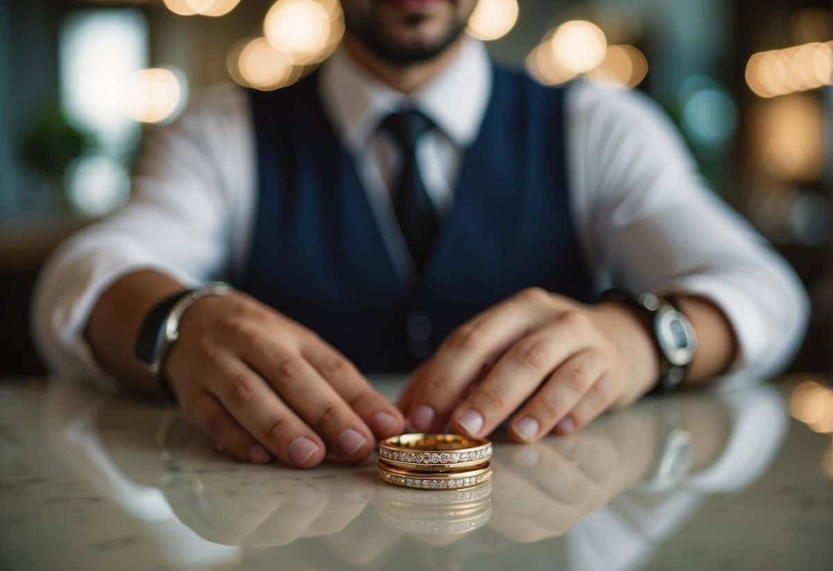 The best man pays for the groom's wedding ring at the jewelry store