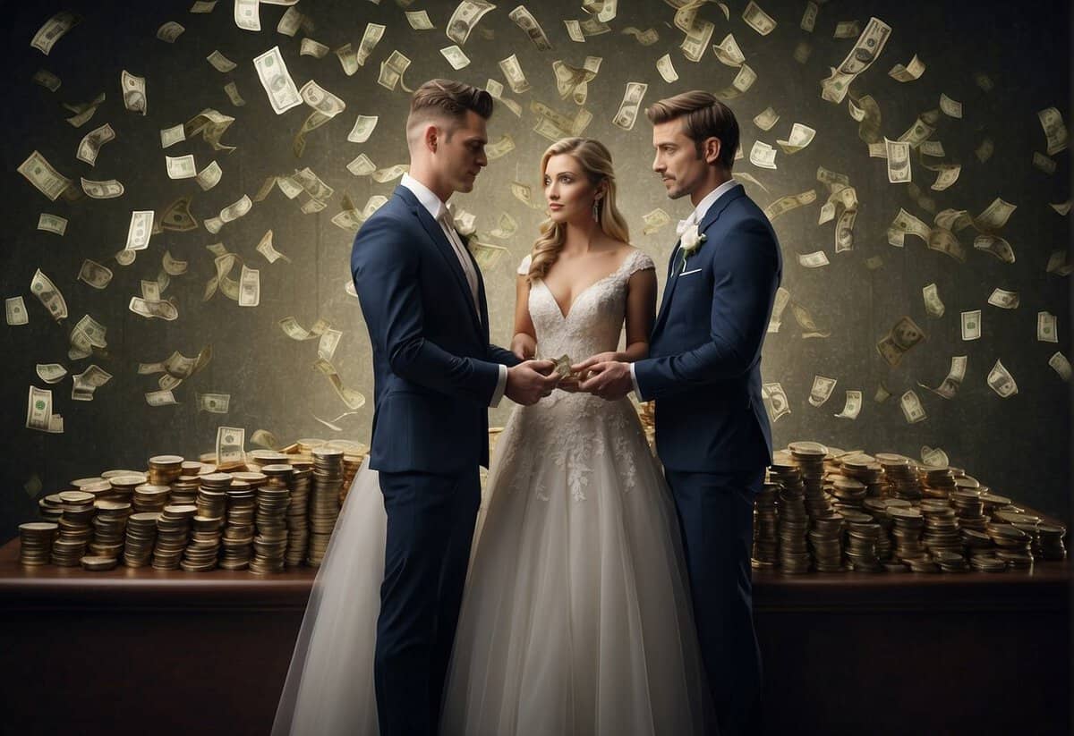 A bride and groom stand on opposite sides of a scale, each holding a stack of money. They both look uncertain, trying to determine who should pay for the wedding