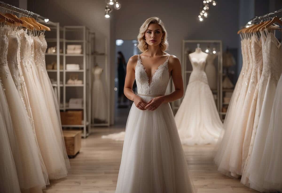 A woman stands in a bridal boutique, surrounded by racks of wedding dresses and shelves of accessories. She holds a price tag, looking contemplative