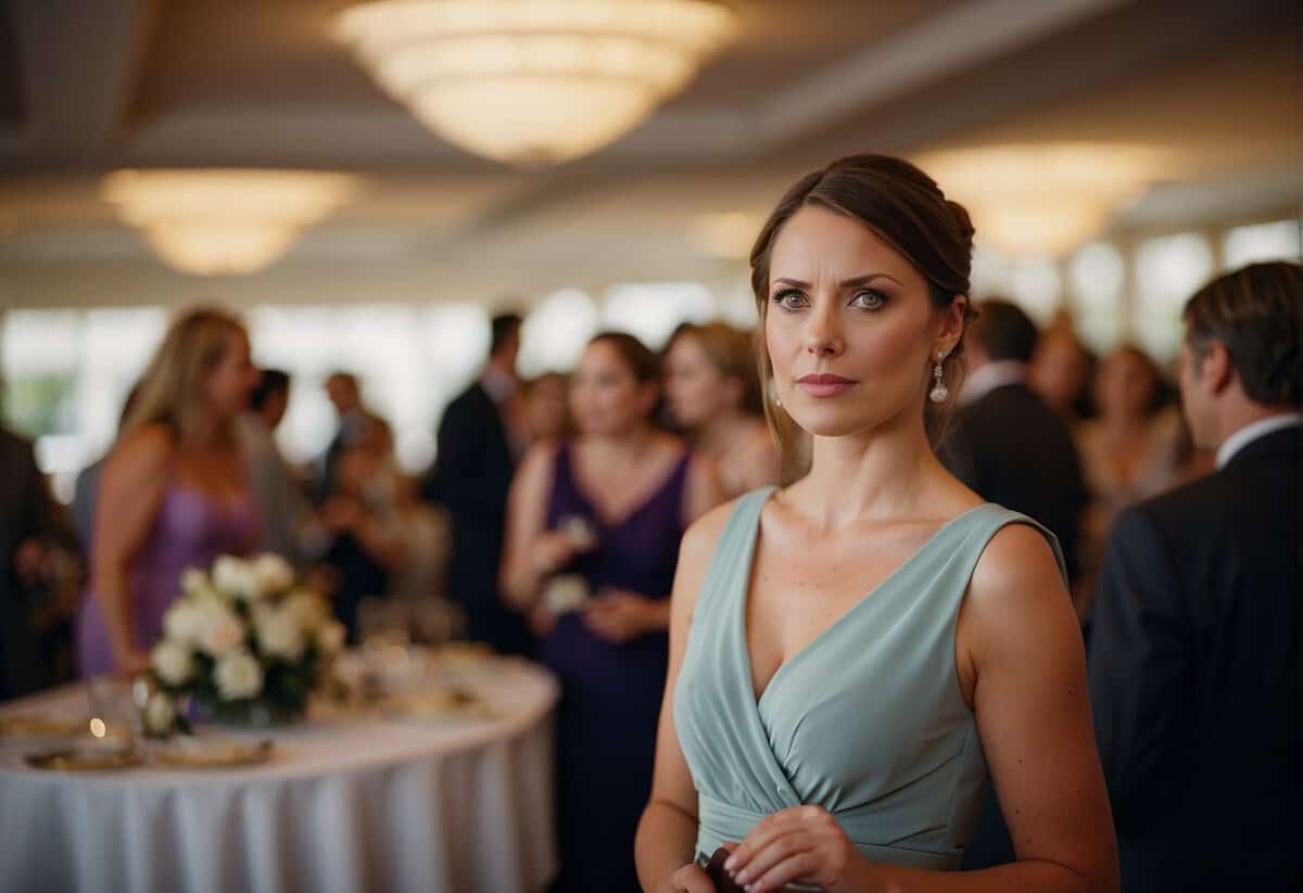 A woman stands at a wedding reception, holding a purse and looking uncertain as she contemplates whether she should pay for her own wedding