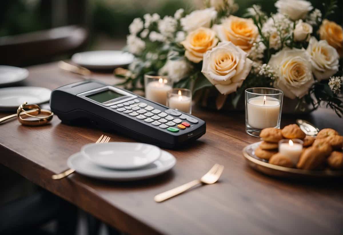 A table with wedding essentials: rings, flowers, invitations, and a payment terminal