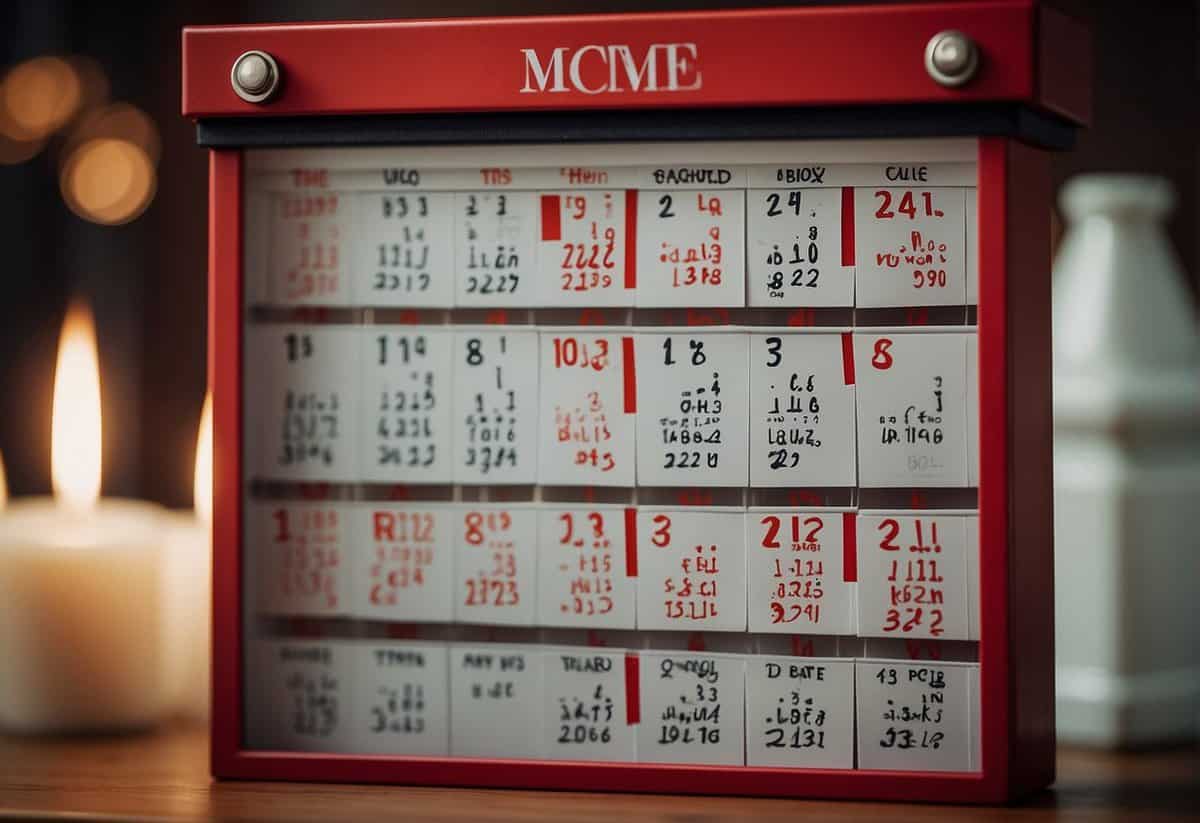 A calendar with wedding expenses marked in red, surrounded by clocks showing different time frames
