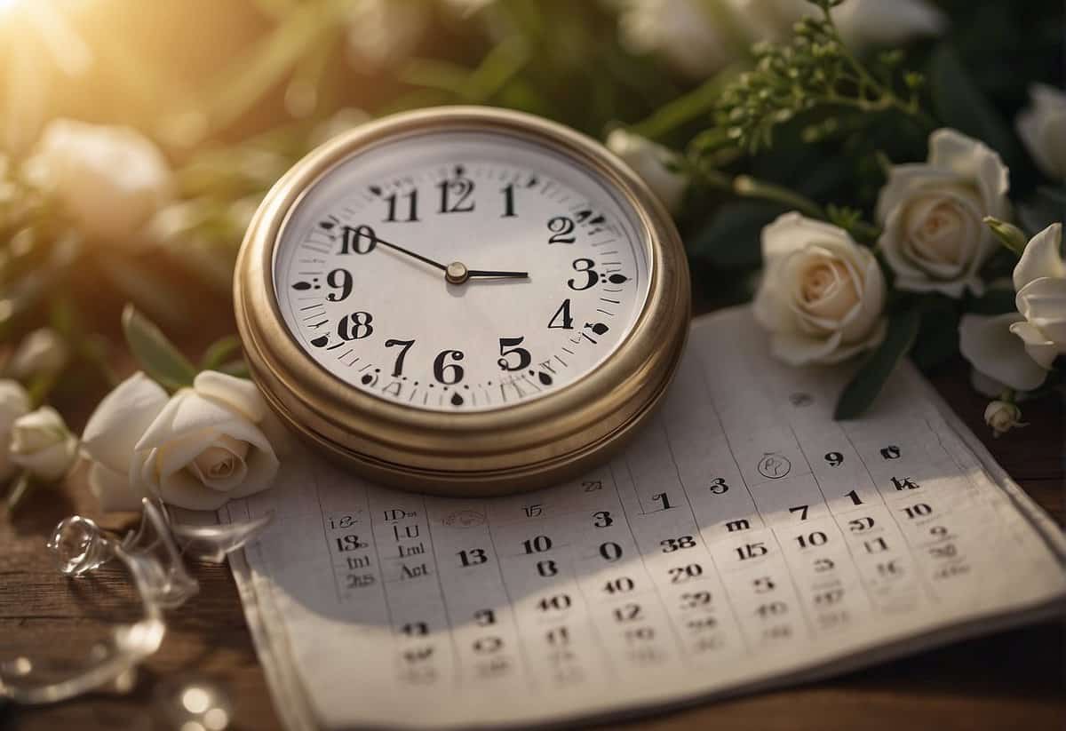 A calendar with a wedding date circled, surrounded by clock symbols indicating passage of time