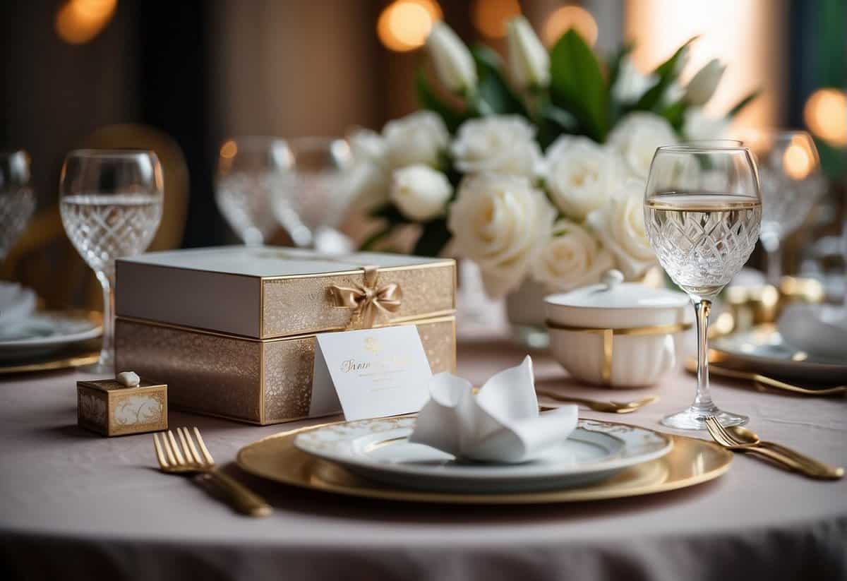 A table set with elegant wedding cards and a decorative presentation box