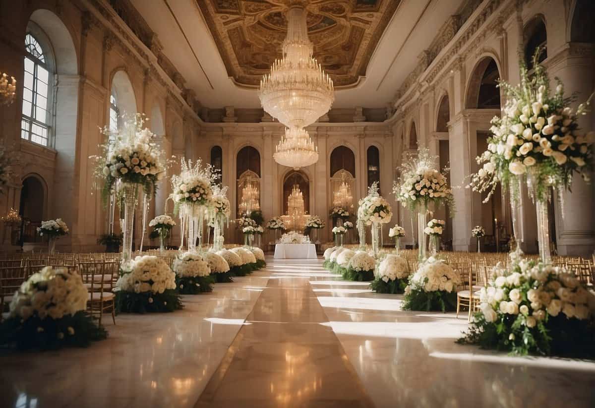 A grand wedding venue filled with 2000 guests, adorned with elegant decorations and a beautiful altar