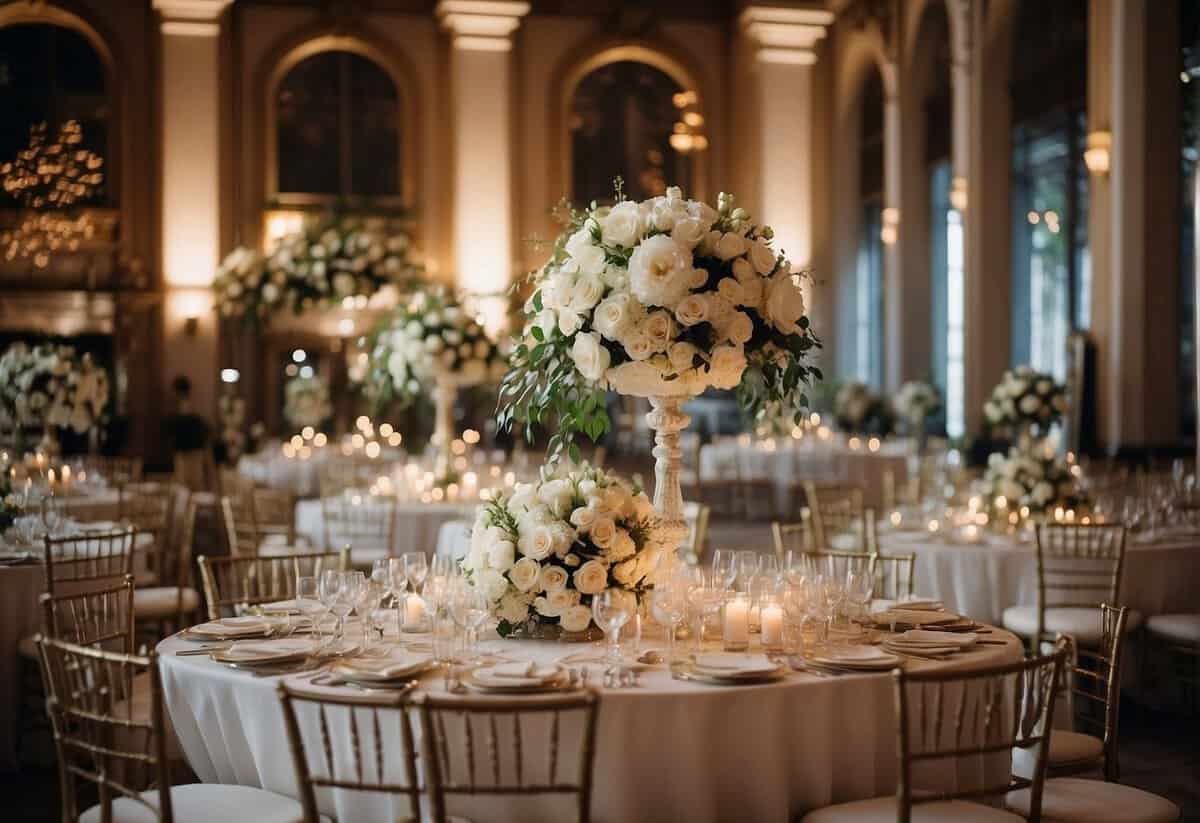 A grand wedding venue with 2000 guests, adorned with elegant decorations and floral arrangements, awaits its final touches