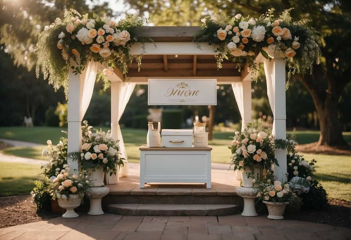 A decorative wedding wishing well with cards and envelopes inside, surrounded by floral arrangements and a sign indicating it as a place for guests to give their well wishes