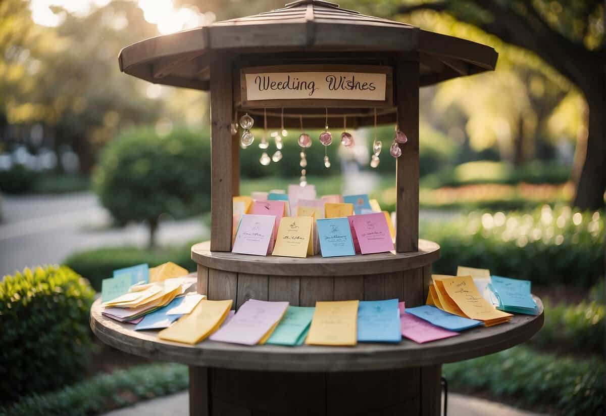 A decorative wishing well with a sign indicating "Wedding Wishes" surrounded by colorful envelopes and cards