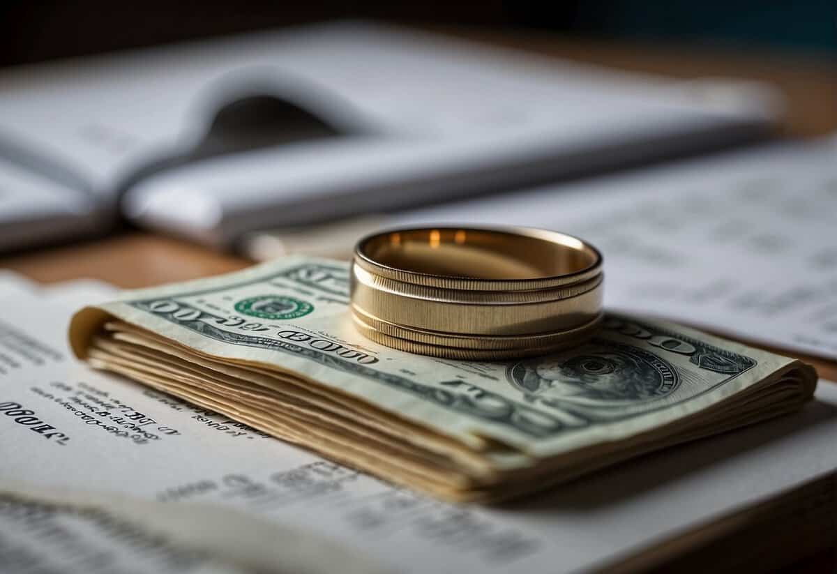 A stack of cash on a table with a wedding ring and a contract