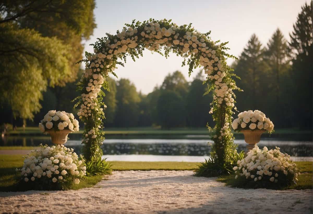 A serene outdoor setting with a decorative arch and scattered flower petals, creating a romantic atmosphere for a wedding ceremony