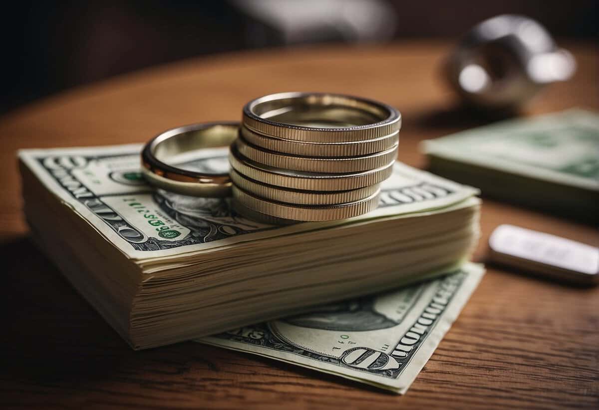 A stack of cash on a table with a wedding ring and a sign reading "Frequently Asked Questions: How much should you pay someone to marry you?"