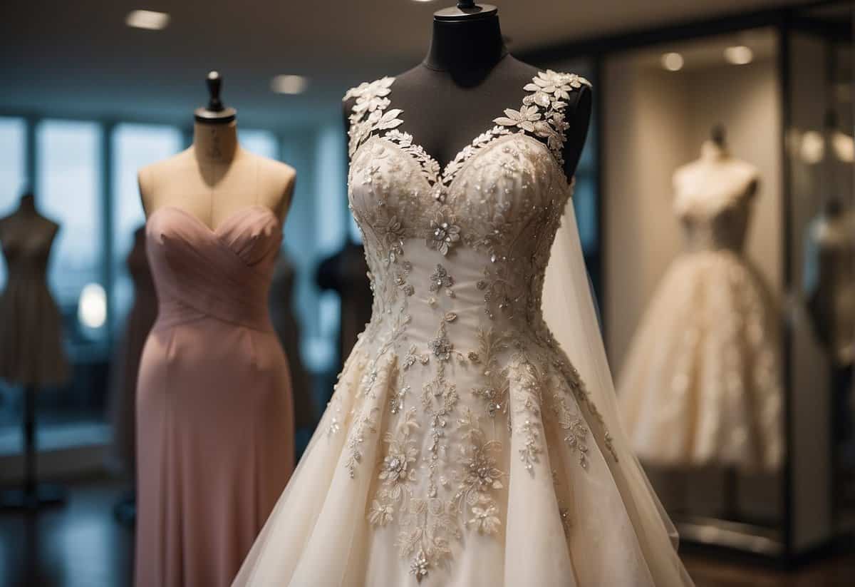 A wedding dress displayed in a boutique, surrounded by elegant accessories and a price tag indicating the average cost in the UK