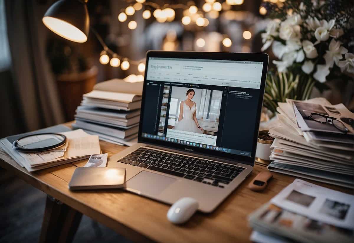 A bride-to-be researching wedding dress costs online, surrounded by swatches, magazines, and a laptop showing average prices in the UK
