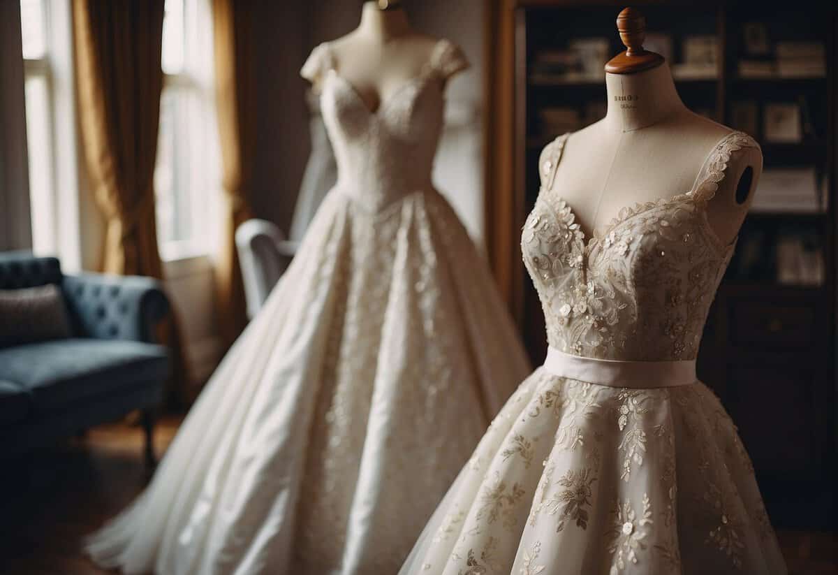 A wedding dress displayed in a boutique with price tags and a sign indicating "Frequently Asked Questions: What is the average cost of a wedding dress in the UK?"