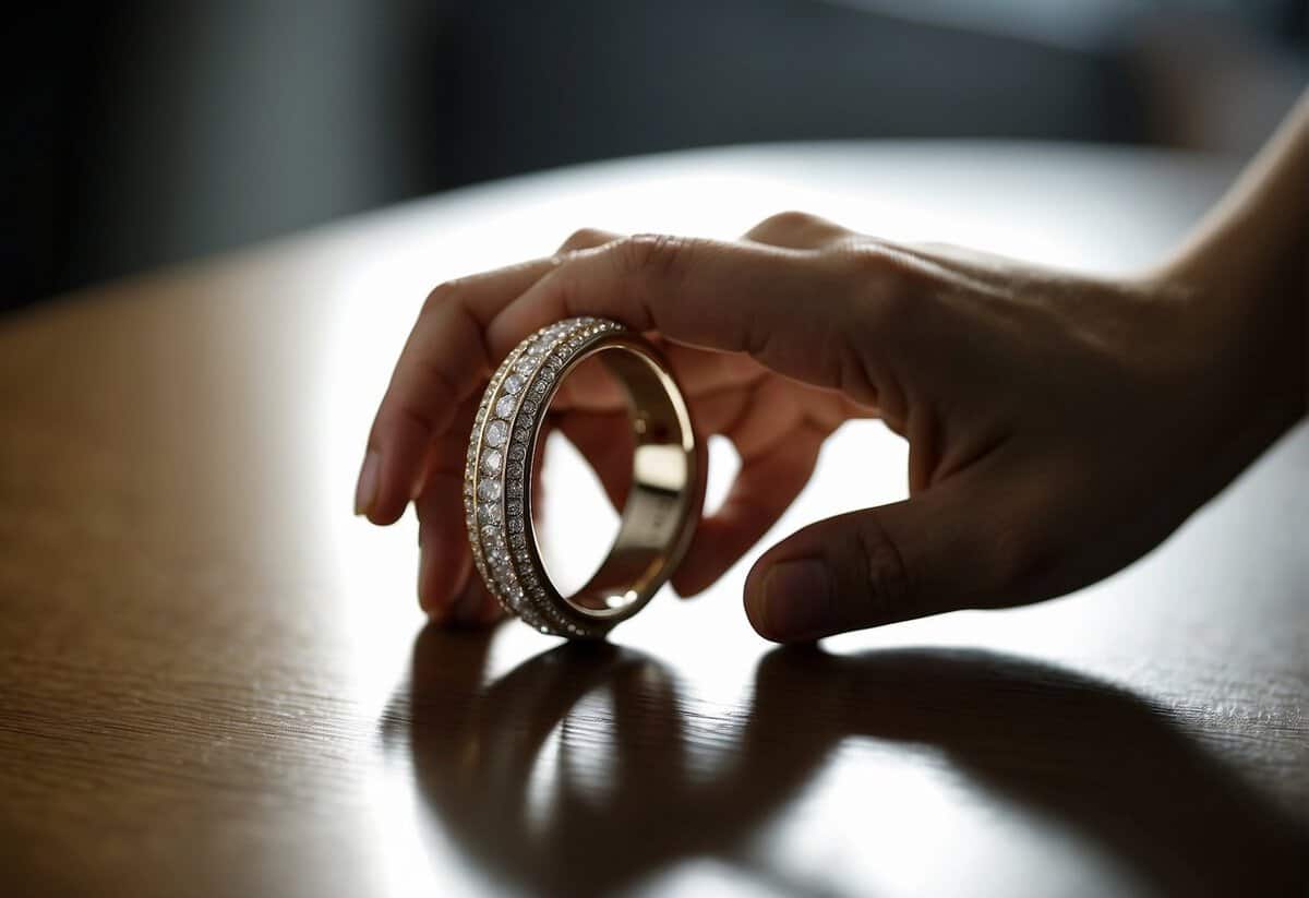 A wedding ring sits alone on a table, while a woman's hand hovers over it, hesitating to put it on