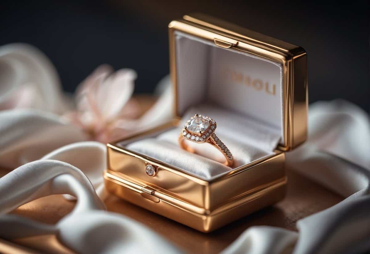 An open jewelry box with a sparkling engagement ring inside, surrounded by a wedding dress and other accessories