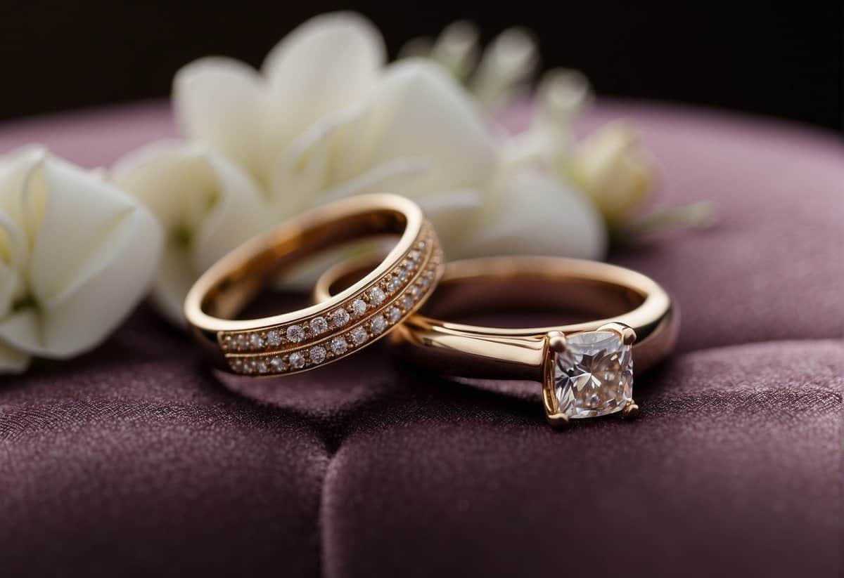 A bride's engagement ring sits on a velvet cushion, while a wedding band takes its place on her finger. A symbolic exchange of love and commitment