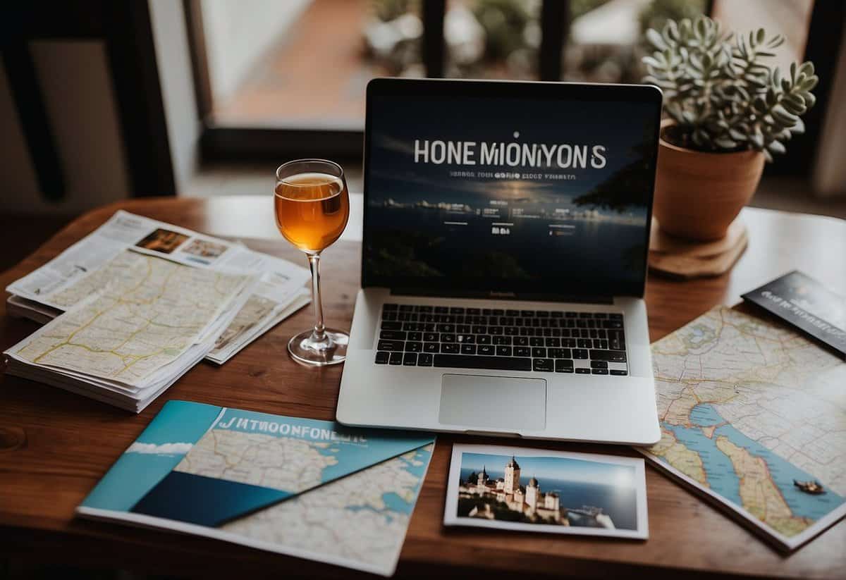 The honeymoon plans are spread out on a table, with brochures, maps, and a laptop open to a travel website