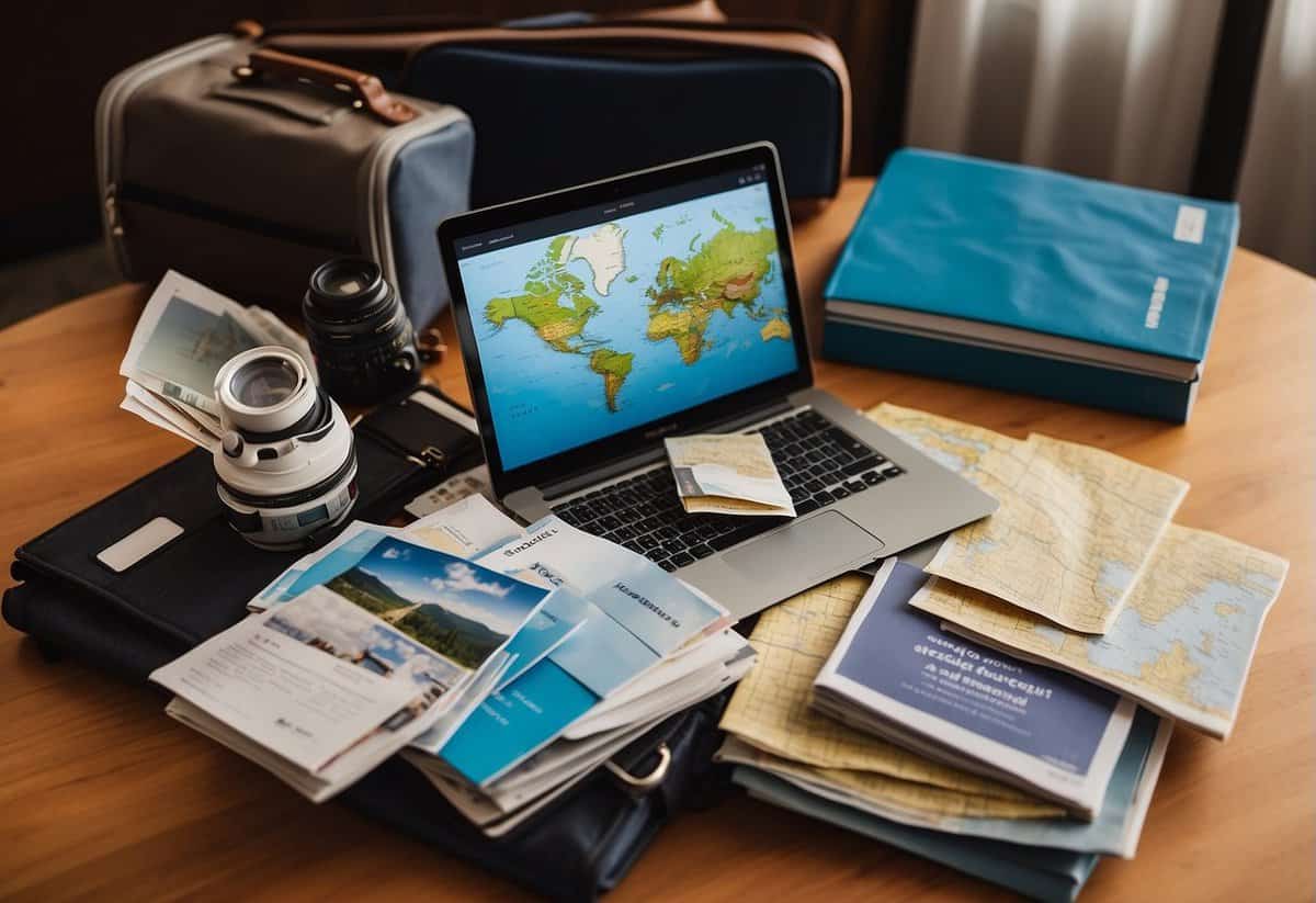A table covered with travel brochures, maps, and a laptop. A checklist with items like sunscreen, passports, and camera. An open suitcase with clothes spilling out