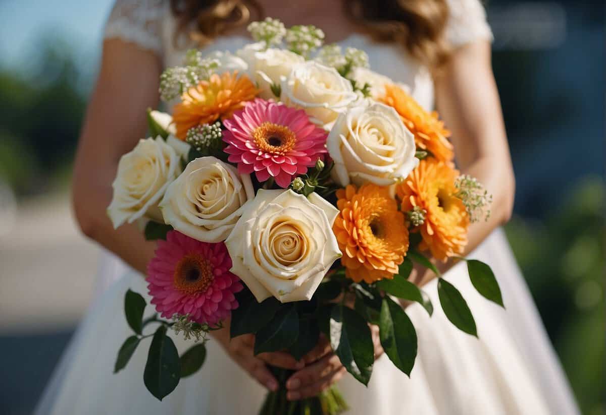 The bride holds out her bouquet, offering it to someone off-camera. The flowers are vibrant and carefully arranged, conveying love and unity