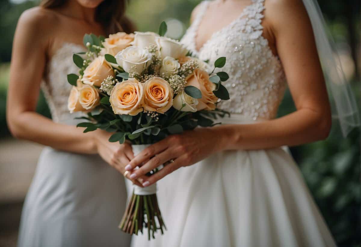 The bride hands her bouquet to a guest, smiling