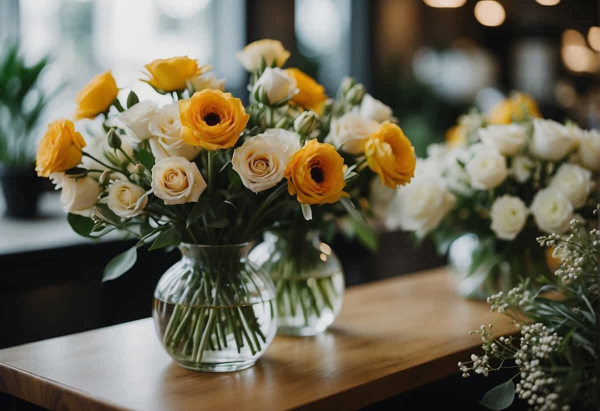 Bridesmaids purchase bouquets at a flower shop counter with cash or credit card