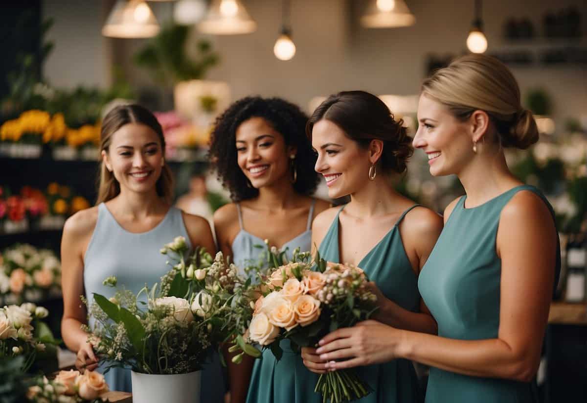 Bridesmaids buying bouquets at a flower shop counter, discussing expenses