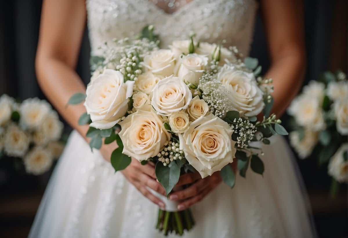 A bride's bouquet surrounded by smaller bouquets. Prices displayed for each