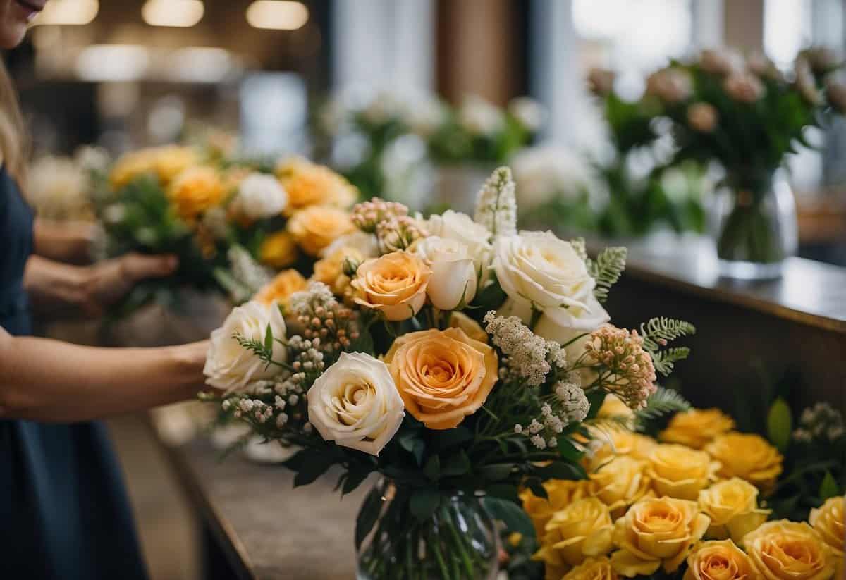 Bridesmaid bouquets being purchased at a flower shop counter with a payment being exchanged