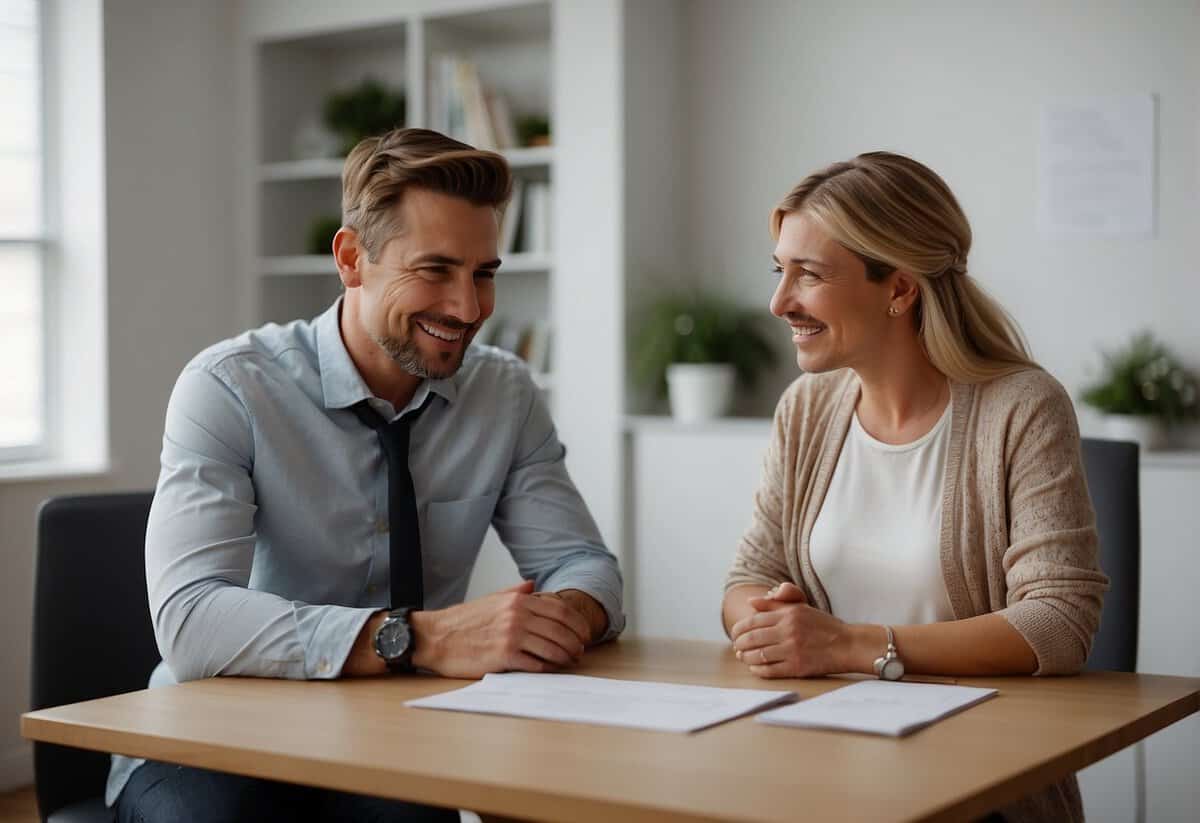 A couple sits at a simple desk in a registry office, discussing wedding plans and cost-saving options. The room is bright and airy, with minimal decor