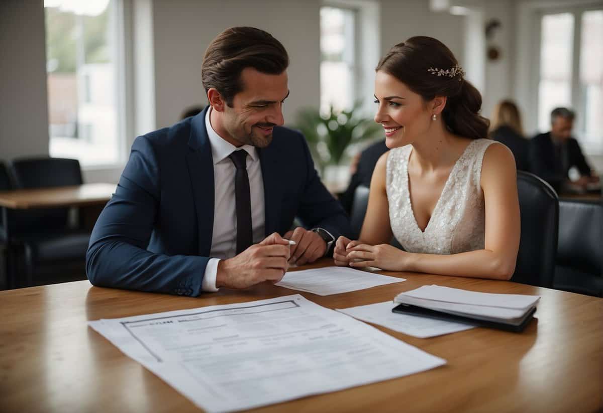 A couple sits at a table in a simple registry office, discussing wedding costs and financial considerations. A calculator and budget spreadsheet are spread out in front of them