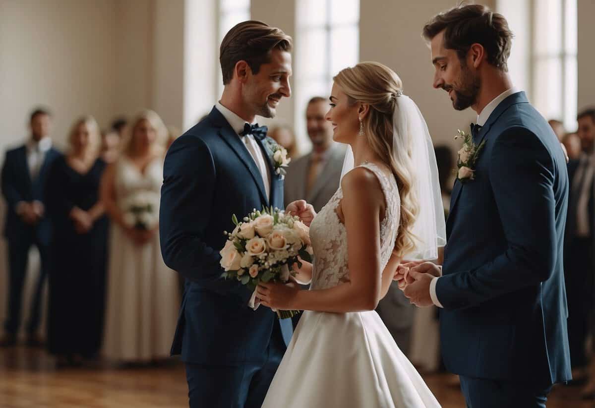 A couple stands at a registry office, exchanging vows. The room is adorned with simple, elegant decor, creating a personalized and intimate atmosphere for their wedding day