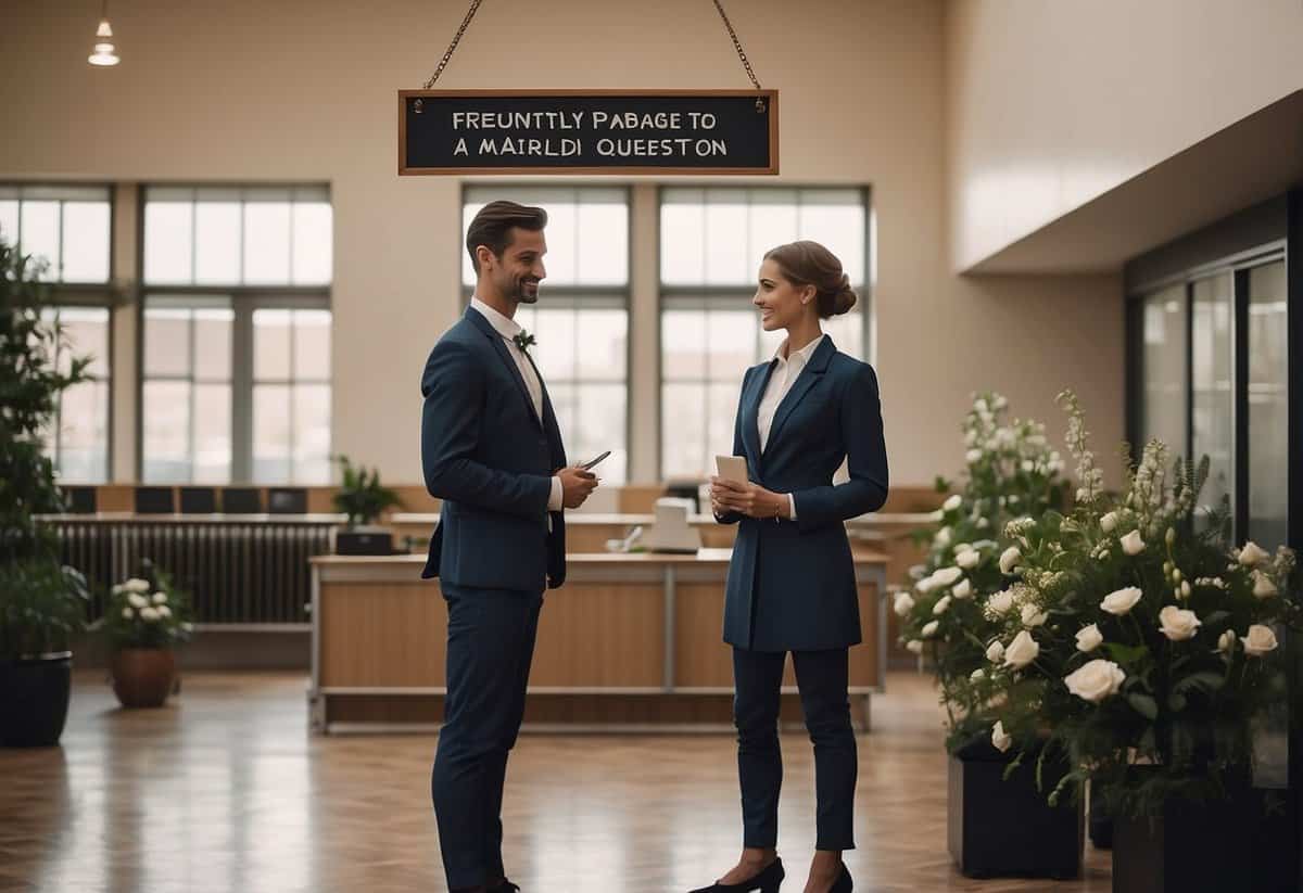A couple stands at a registry office, surrounded by simple decor and a sign reading "Frequently Asked Questions: Is it cheaper to get married in a registry office?"