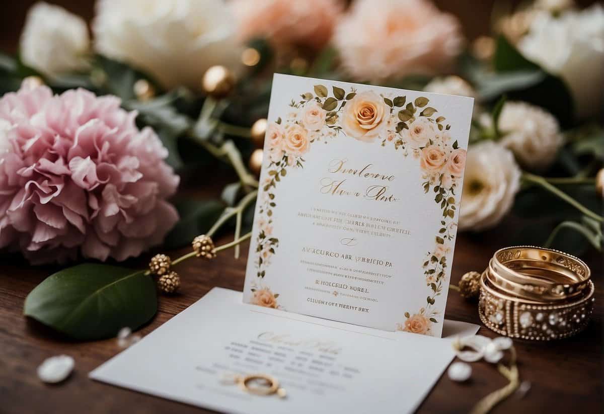 A wedding invitation surrounded by elegant decorations and flowers, with a price tag showing the average cost of attending a wedding