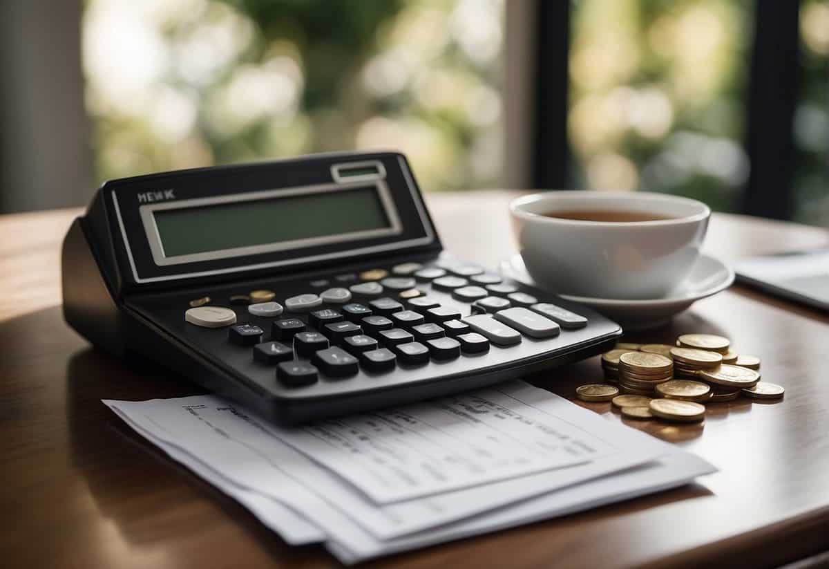 A table with a wedding invitation, a calculator, and a stack of bills and coins. A spreadsheet with wedding expenses and a piggy bank on the side