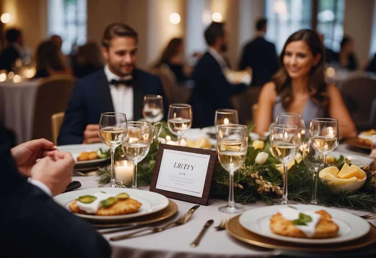 Guests discussing wedding expenses at a reception, holding receipts and comparing costs. Tables set with empty plates and glasses