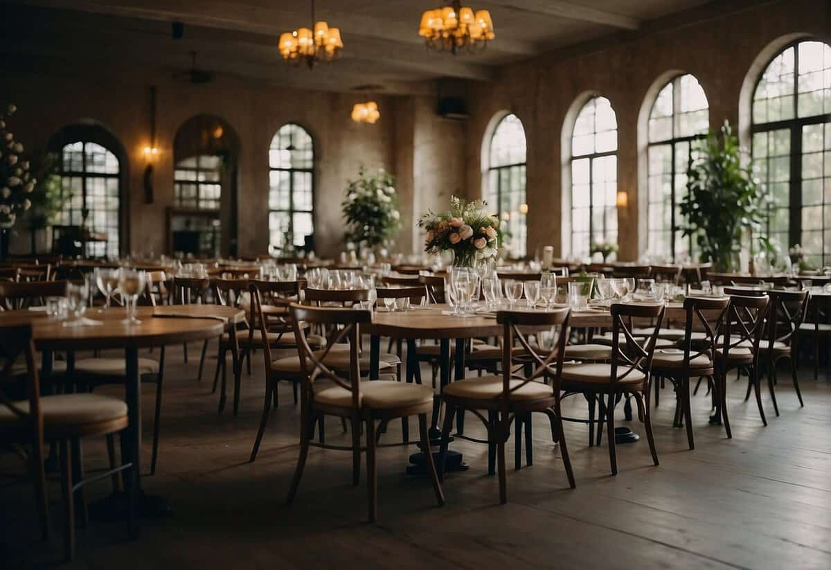 A deserted wedding venue with empty tables and chairs, untouched food and drinks, and a sense of emptiness and abandonment