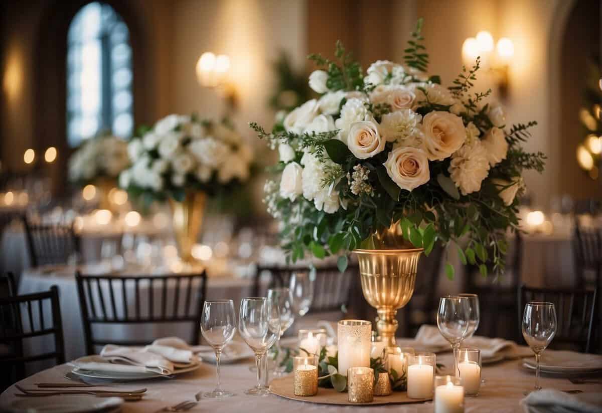 A beautifully decorated wedding reception venue with elegant table settings, floral centerpieces, and soft lighting creating a warm and inviting atmosphere