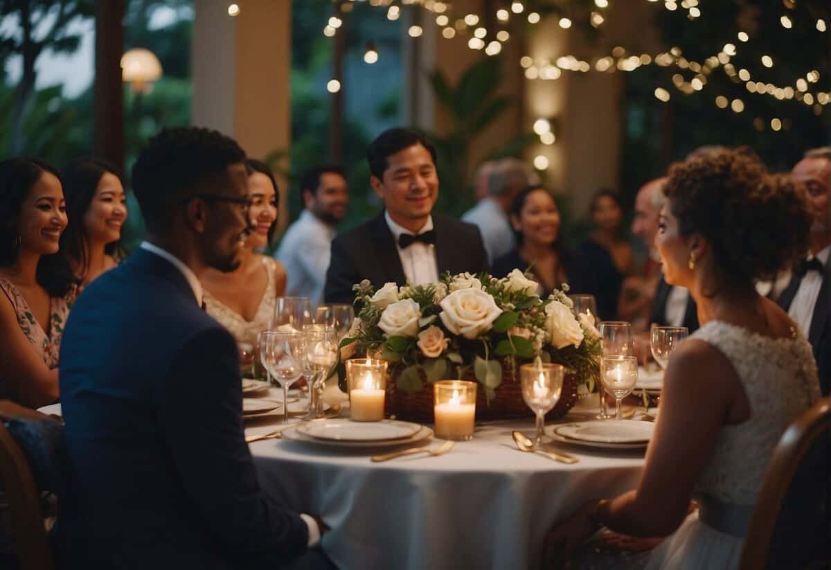 A wedding reception with diverse cultural elements and personal touches. Guests enjoying food, music, and conversation in a tastefully decorated venue