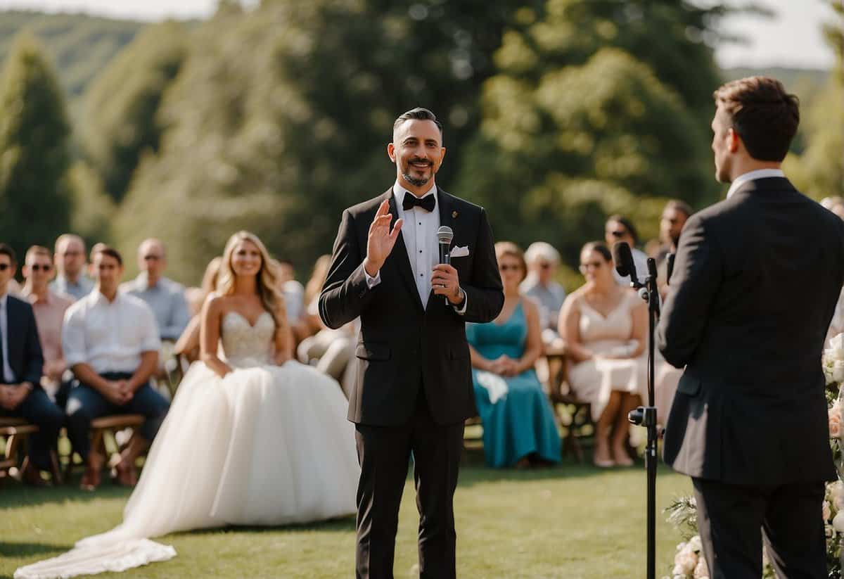 The officiant speaking at a wedding, with a microphone and a crowd of guests listening attentively