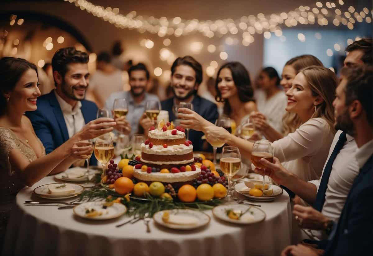 Multiple couples celebrating, surrounded by festive decorations and joyful guests. A table with a lavish spread of food and drinks, with a wedding cake as the centerpiece