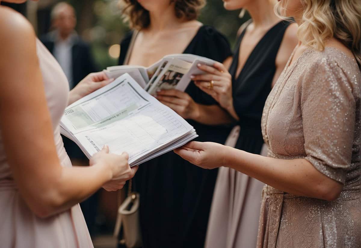 Bridesmaids discussing financial etiquette, one holding a budget planner, another browsing through wedding magazines
