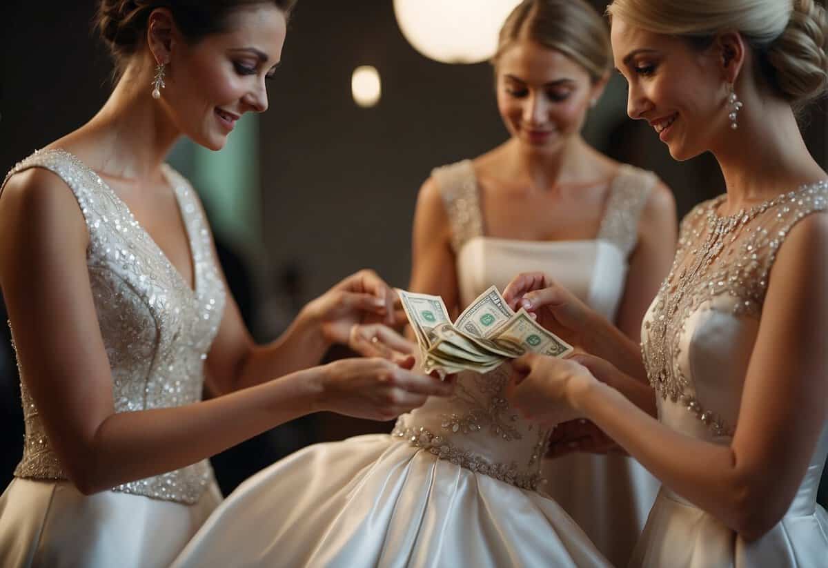 A bride hands over money to a seamstress, who is pinning and adjusting a bridesmaid dress on a mannequin