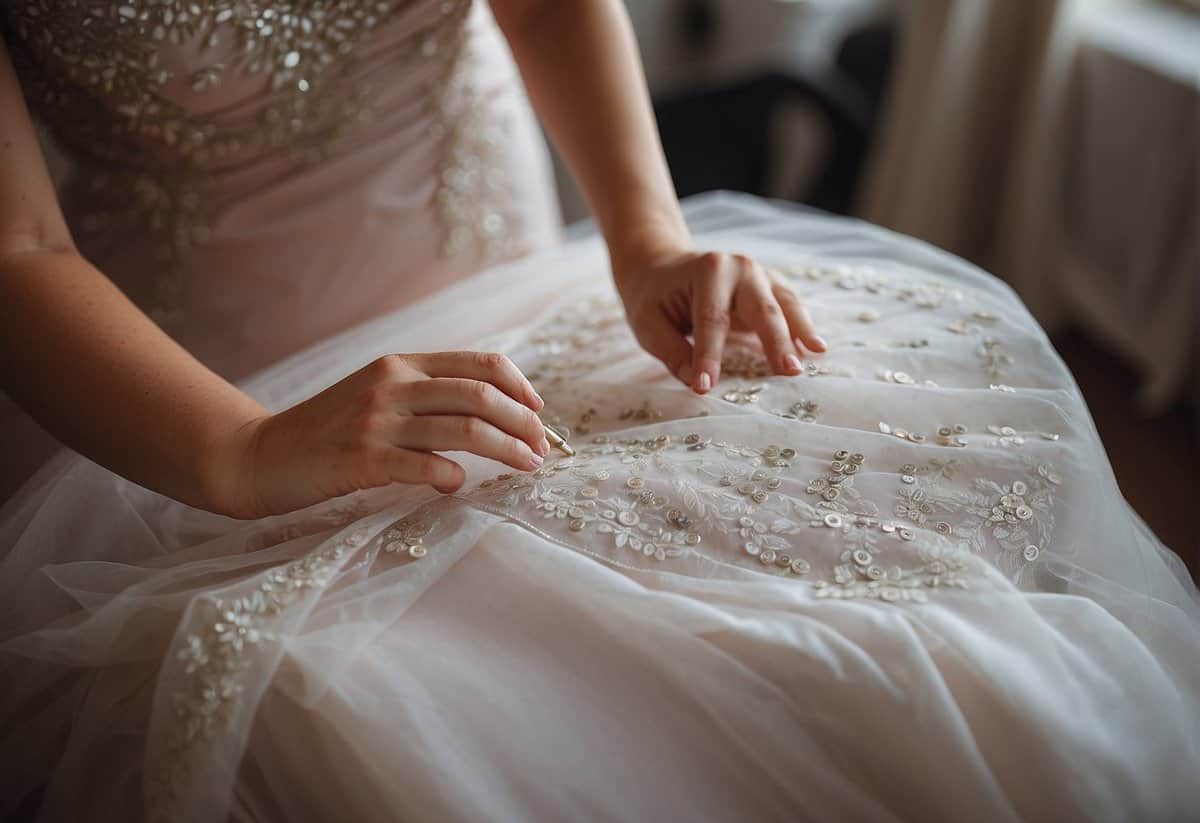 A seamstress marks and pins a bridesmaid dress for alterations. A calendar shows upcoming wedding dates