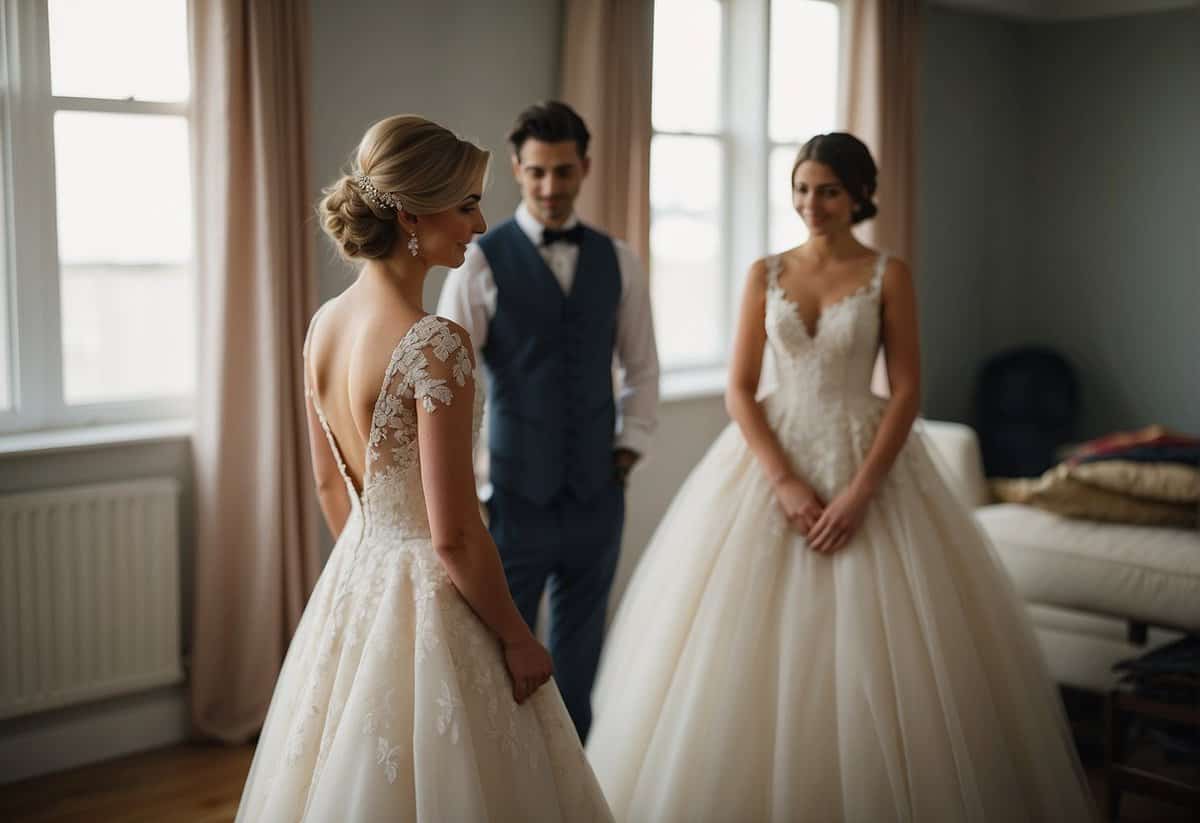 A bride's dress and a bridesmaid's dress are displayed, with a tailor standing nearby, ready to make alterations