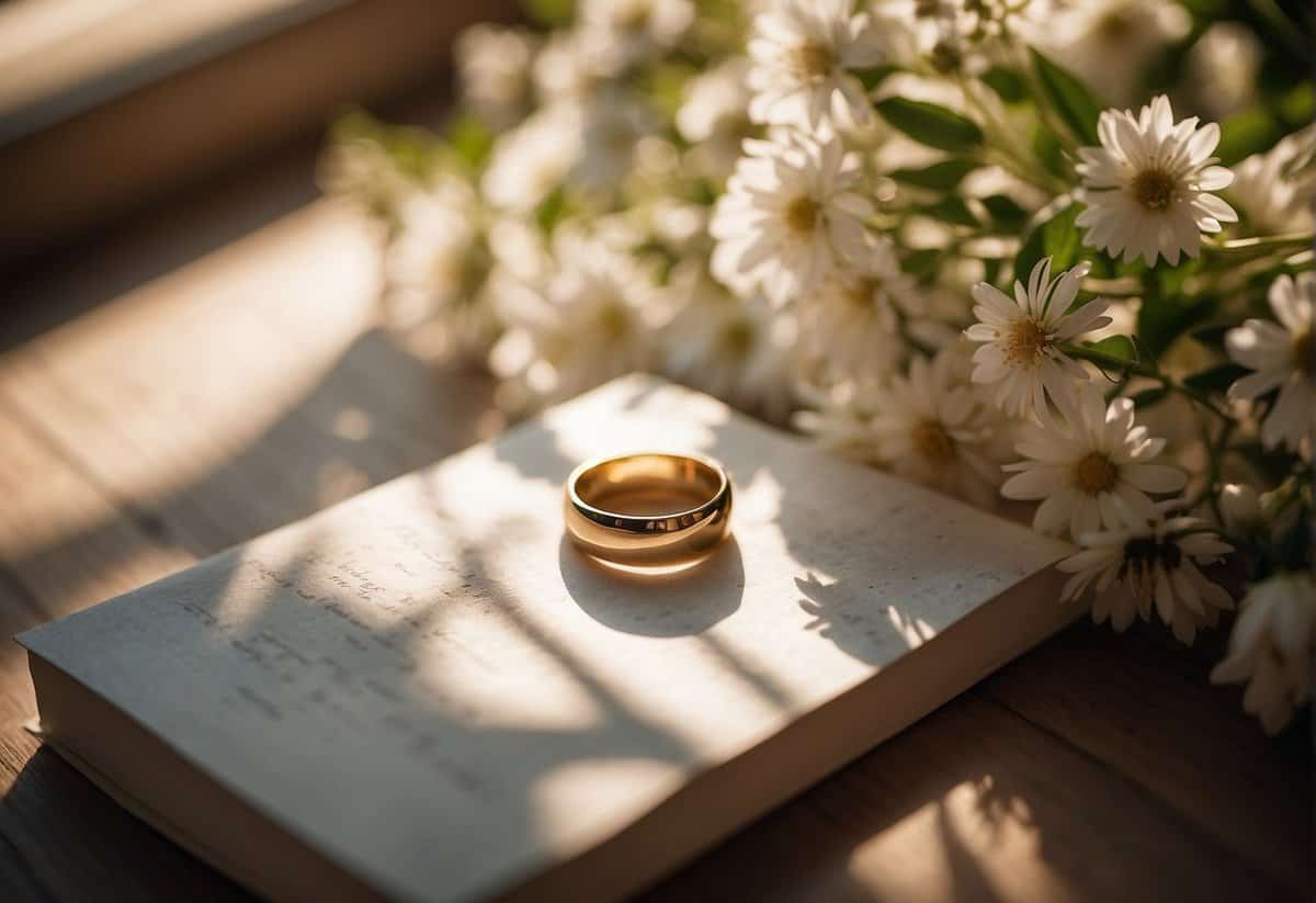 A wedding ring on a sunlit table, surrounded by flowers and a love letter