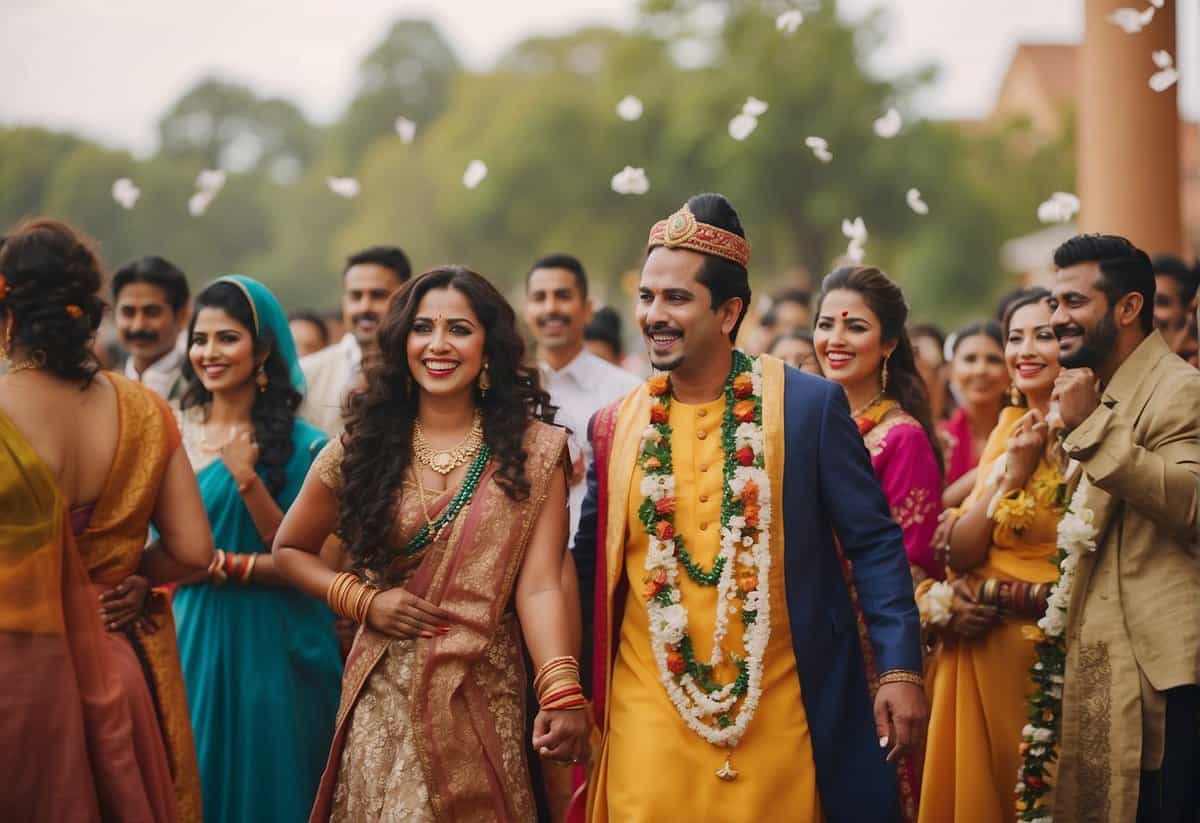 A diverse group of people celebrating marriage with different cultural symbols and traditions. The scene is filled with music, dancing, and colorful decorations