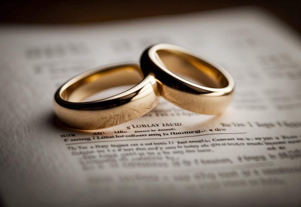 A wedding ring and a stack of legal documents symbolize the legal and financial advantages of marriage, highlighting the practical benefits of tying the knot