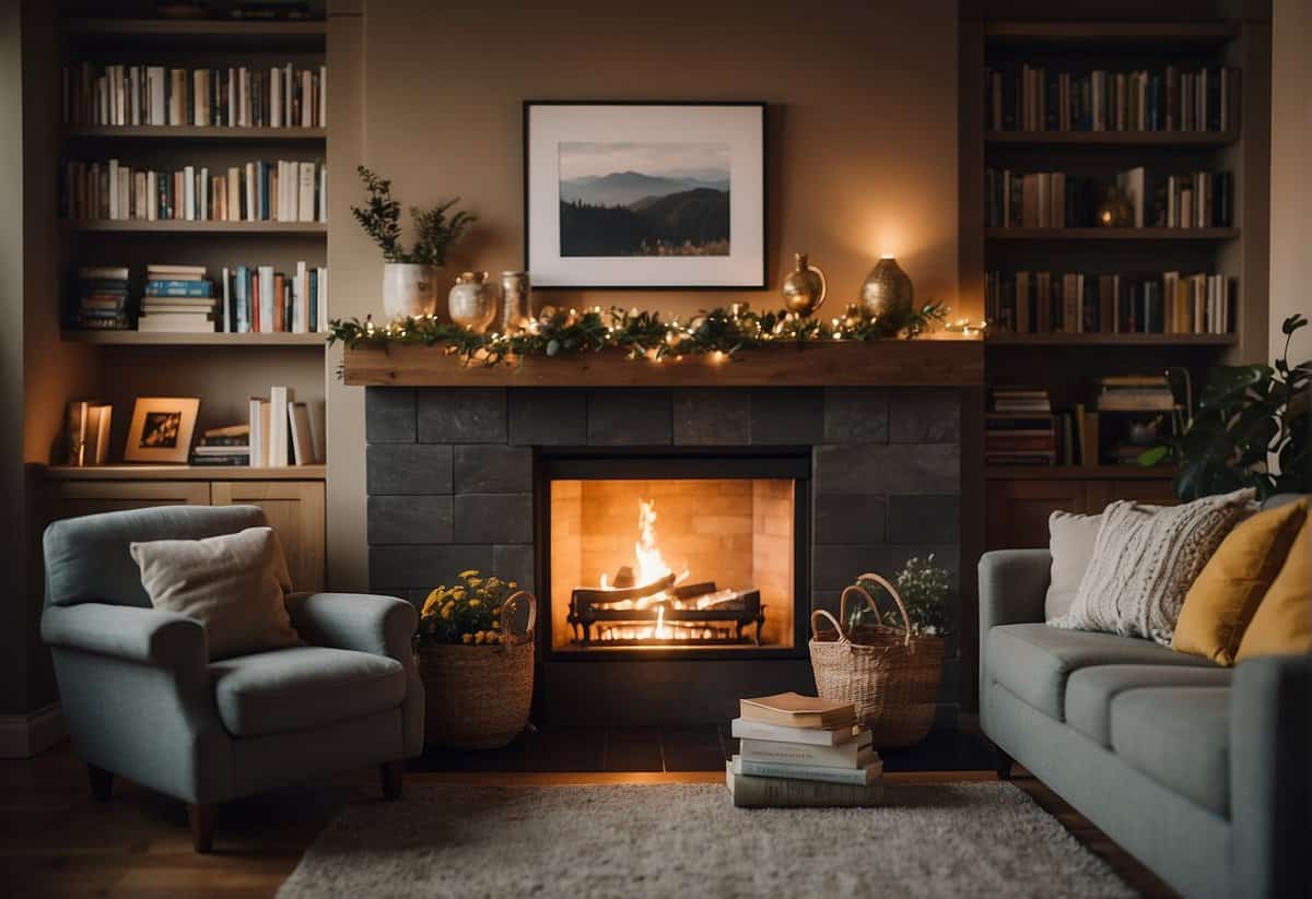 A cozy living room with a warm fireplace, a bookshelf filled with children's books, and a comfortable sofa with a blanket draped over it